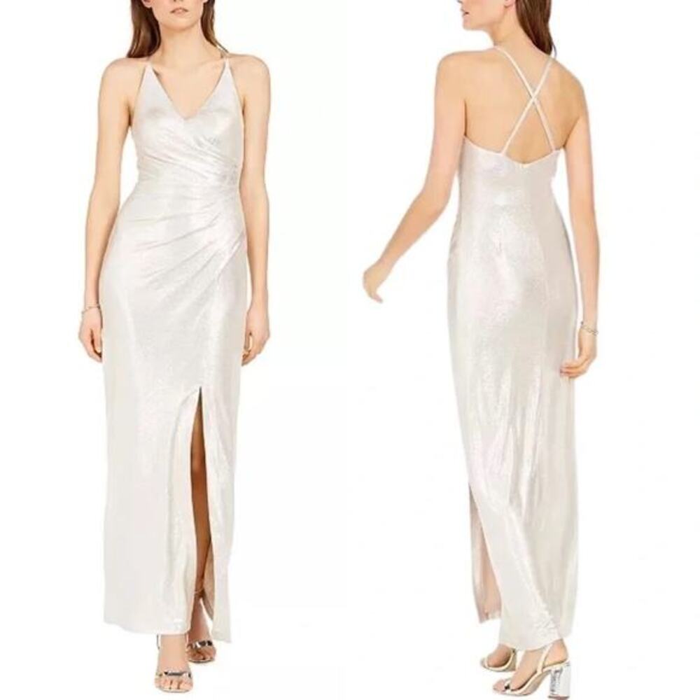 Eliza J Silver Metallic Ruched Formal Gown Maxi Dress NWT Size 12
